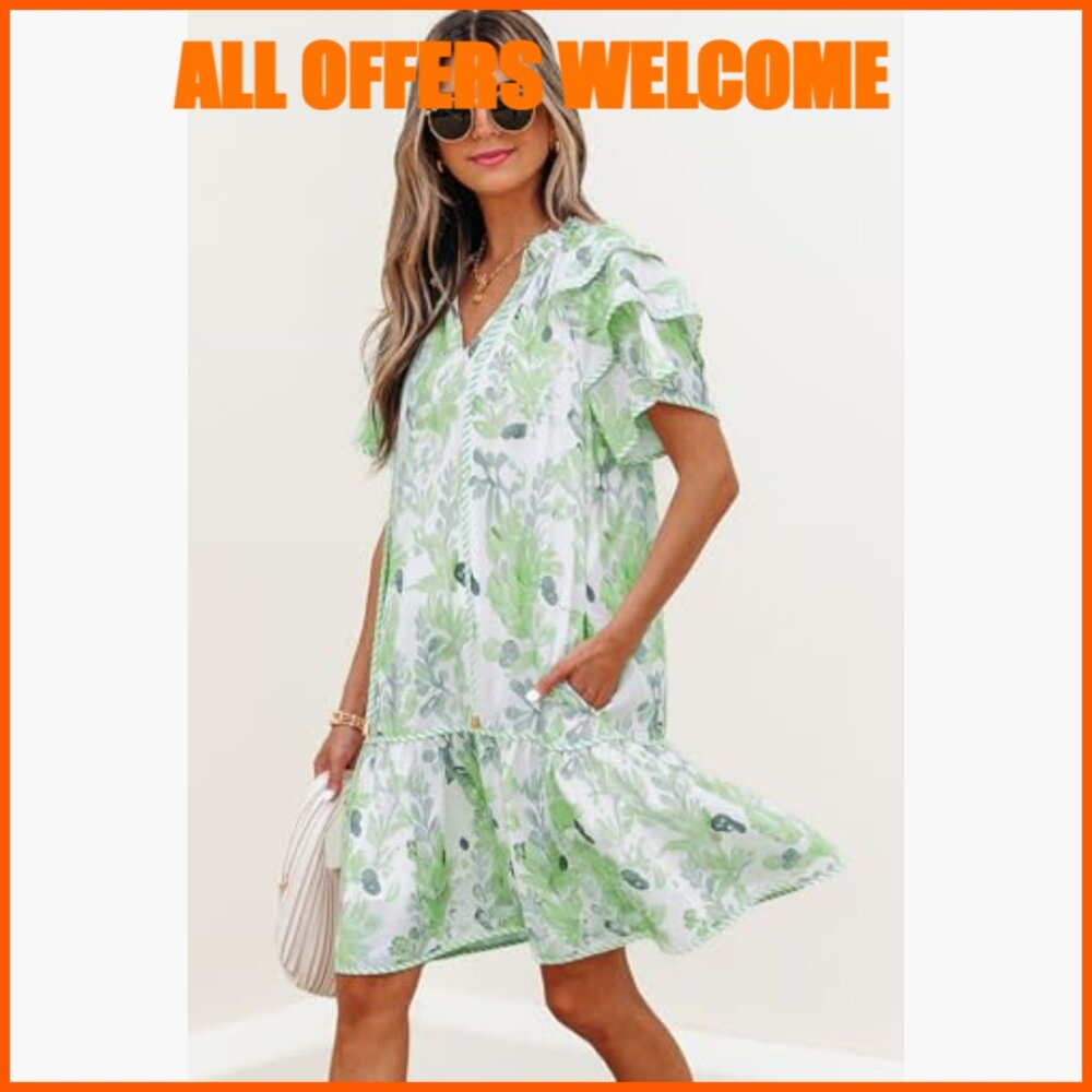 Polyester Boho Floral V-Neck Drawstring Ruffle Sh… - image 2